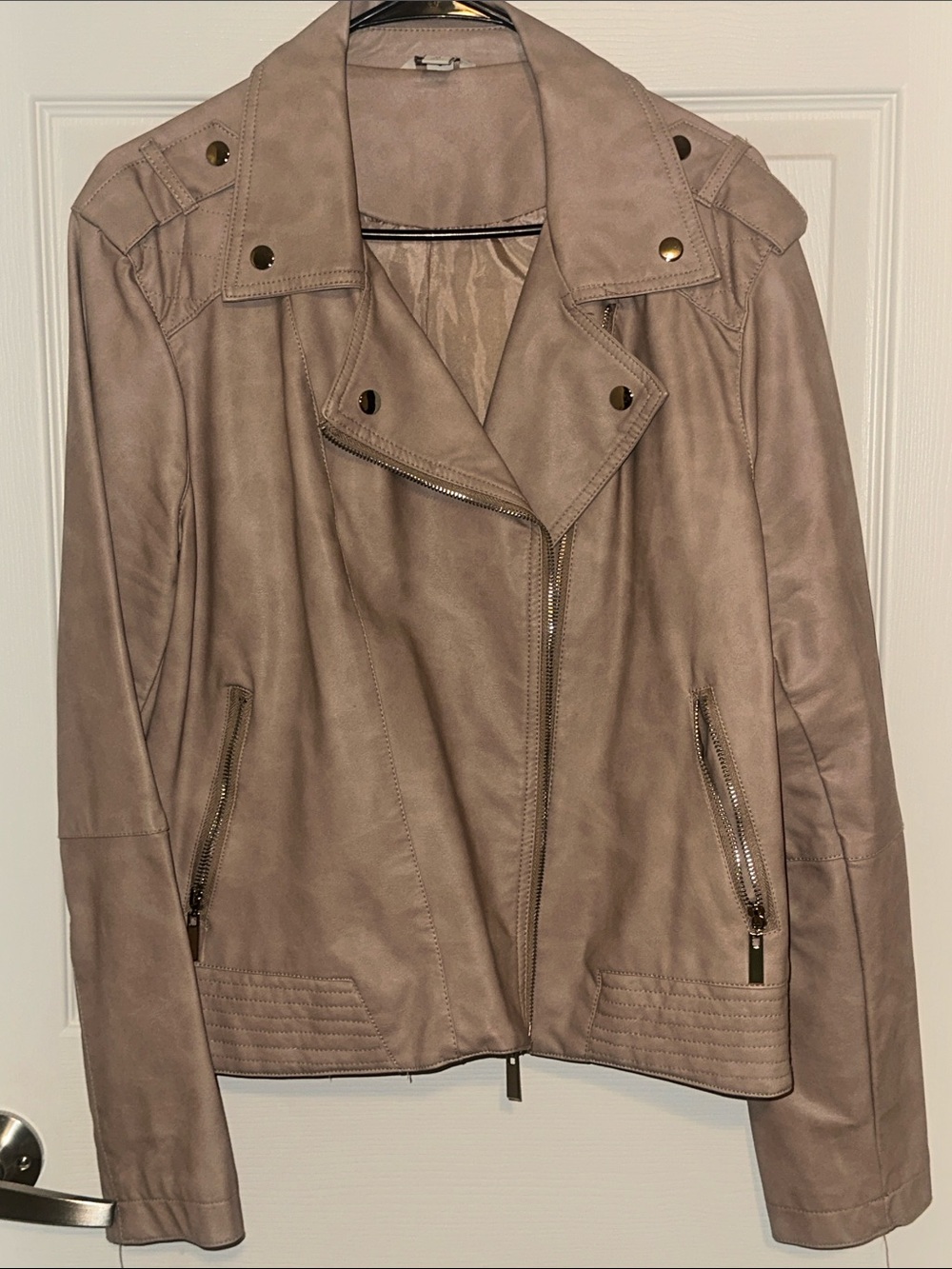 Cato Taupe Faux Leather Moto Jacket with Gold Hardware